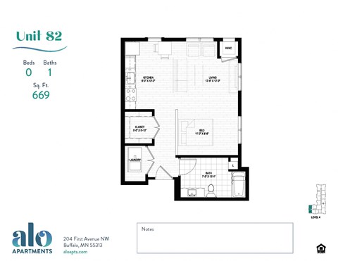Floor plan for studio, 1 bath, 669 sqft